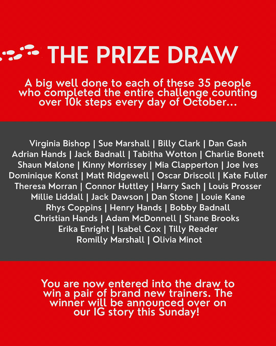 The Mitchy March prize draw graphic listing the 35 people who completed 10k+ steps every day of October.