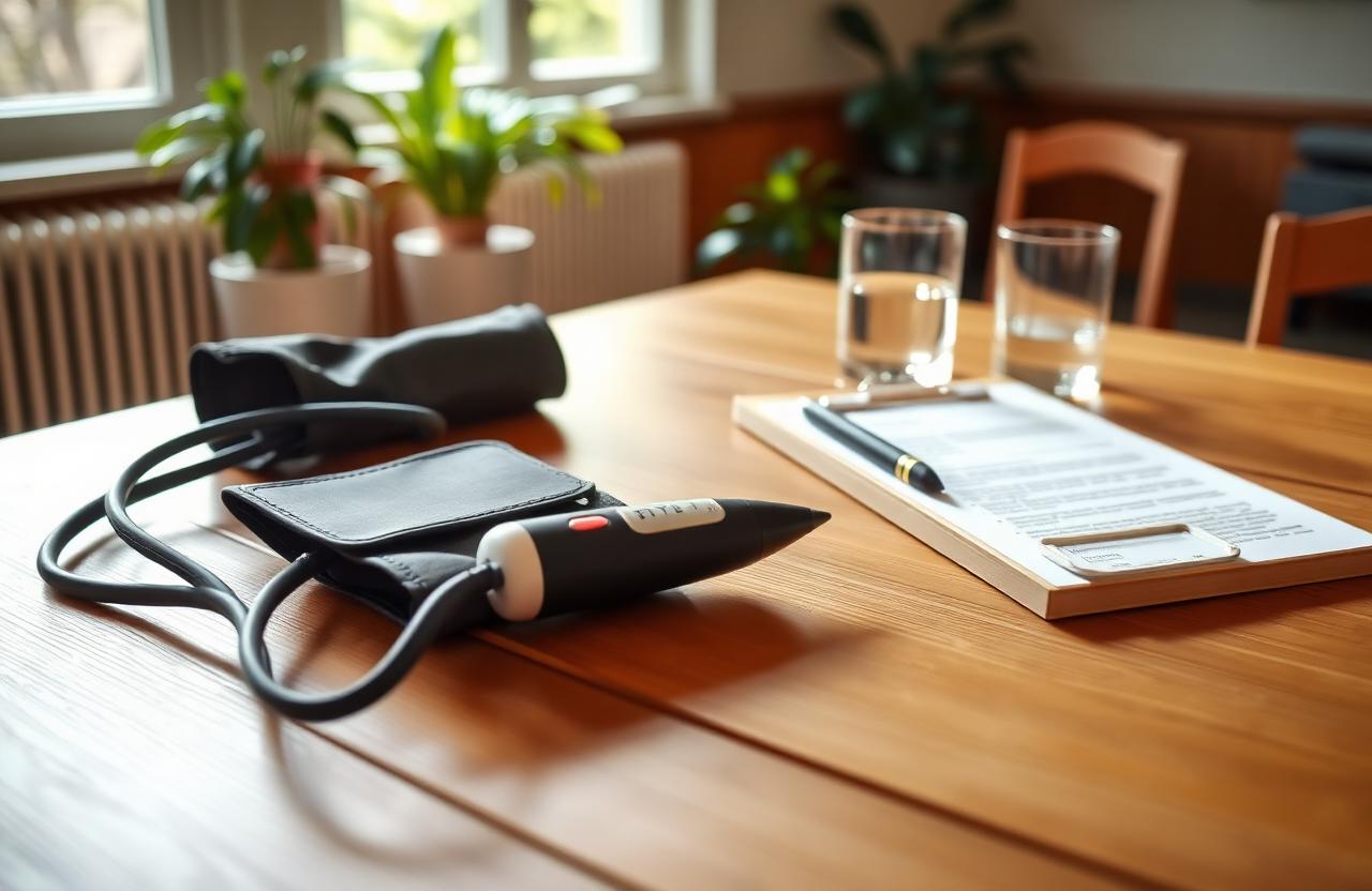 Blood pressure cuff, finger-prick device and clipboard laid out on a wooden table in a sunlit community hall